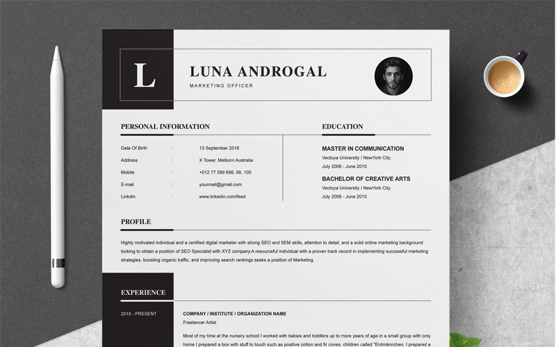 Download Резюме "Luna Androgal Resume Template" / Luna Androgal Resume Template - Резюме на тему графика 1 page resume 2 clean cv cover letter design template illustrator eps mac pages microsoft word modern photoshop psd professional