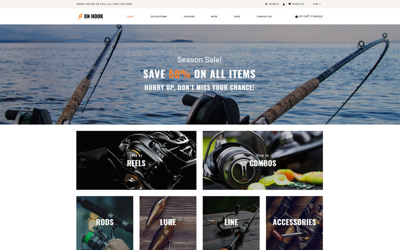 On Hook Tema Shopify pulito multipagina di pesca