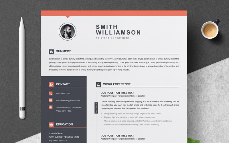 Download Резюме "Smith Williamson Resume Template" / Smith Williamson Resume Template - Резюме на тему графика 1 page resume 2 clean cv cover letter design template illustrator eps mac pages microsoft word modern photoshop psd professional