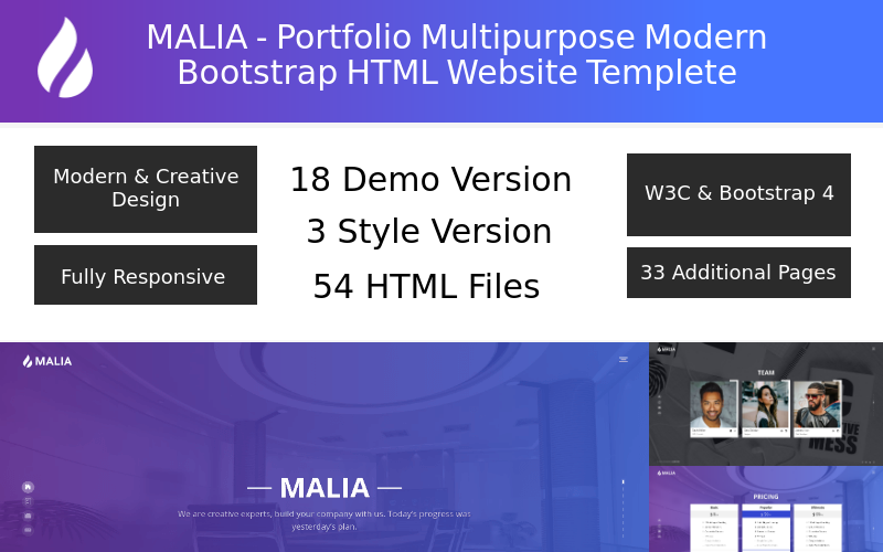 Malia - портфоліо багатоцільового сучасного шаблону цільової сторінки Bootstrap