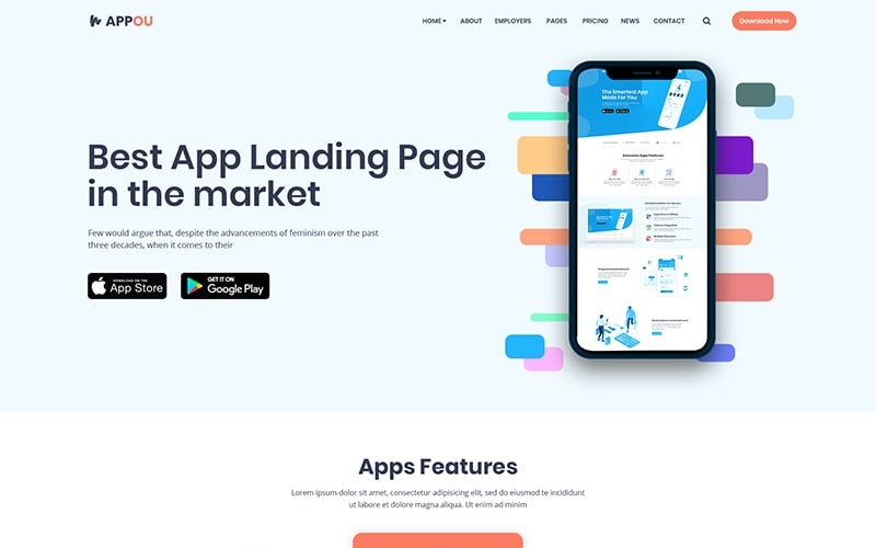 Download PSD шаблон "Appou - App PSD Template" / Appou - App PSD Template - PSD шаблон на тему магазин мобильной связи app landing page template app showcase store website clean creative modern landing simple