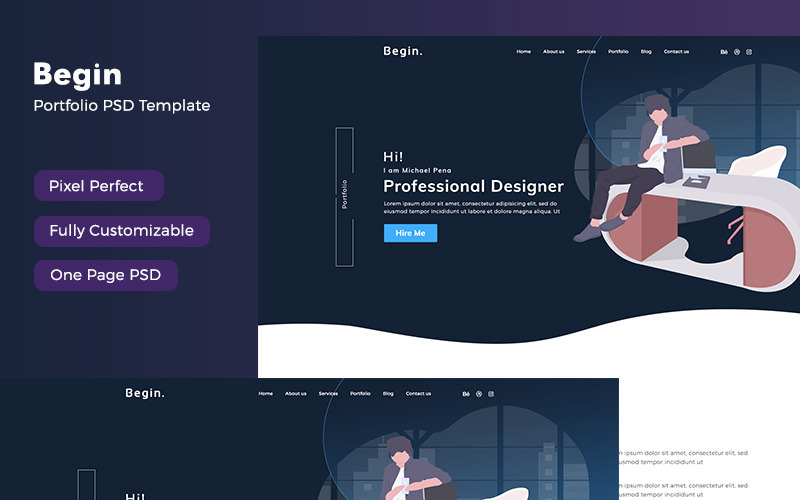 Download PSD шаблон "Begin - Personal Portfolio PSD Template" / Begin - Personal Portfolio PSD Template - Адаптивный PSD шаблон на тему графика begin,portfolio,personal,website,psd,photoshop,clean,design,photography,ui,ux,designer,web,photographer,isometric