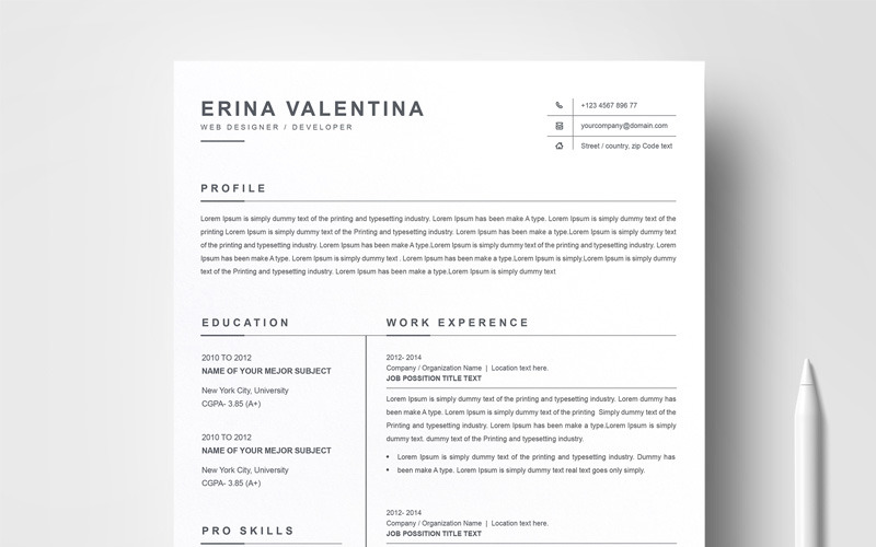 Download Резюме "Erina Valentina Resume Template" / Erina Valentina Resume Template - Резюме на тему графика 1 page resume 2 3 clean cover letter curriculum vitae cv template illustrator eps instant download mac pages microsoft word