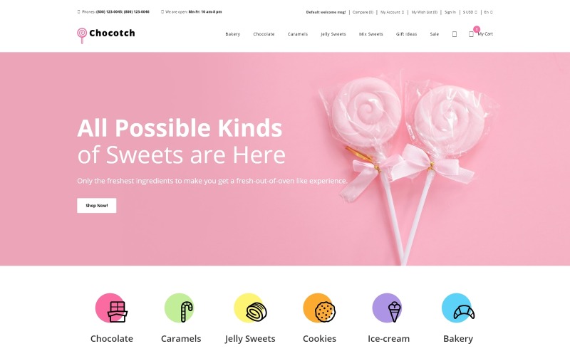 Chocotch - Modello OpenCart creativo per e-commerce di Sweet Shop