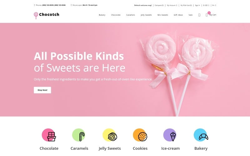 Chocotch - Шаблон OpenCart для електронної комерції Sweet Shop