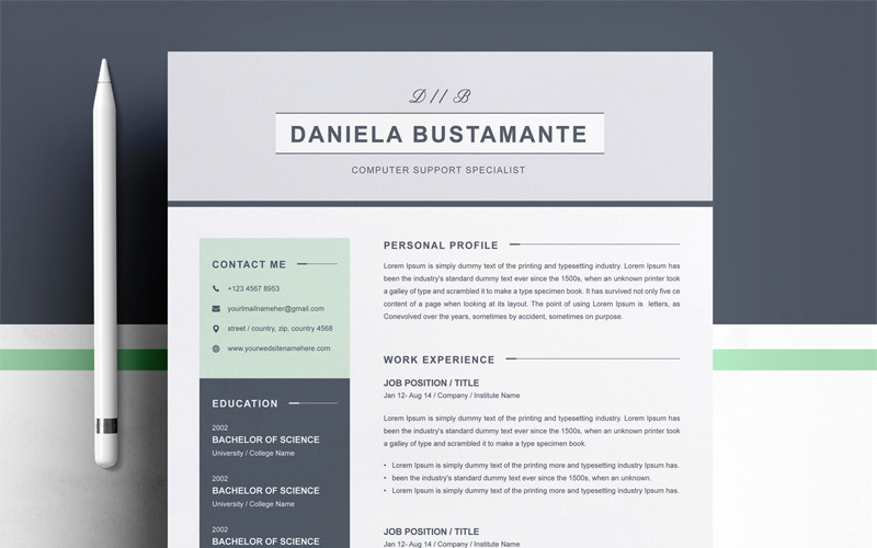 Download Резюме "Daniela Resume Template" / Daniela Resume Template - Резюме на тему графика 1 page resume 2 clean cv cover letter design template illustrator eps mac pages microsoft word modern photoshop psd professional