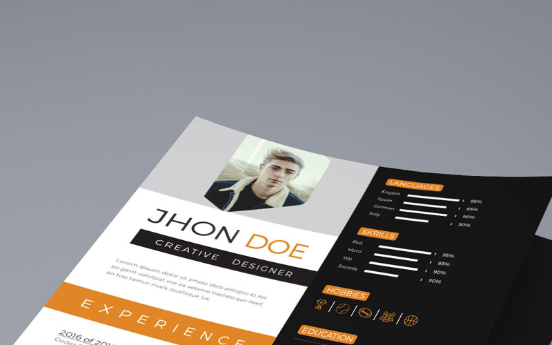Download Резюме "Jhon Doe- Creative Resume Template" / Jhon Doe- Creative Resume Template - Резюме на тему графика resume a4 clean cv doc elegant template indesign infographic modern professional creative design minimal pages portfolio word