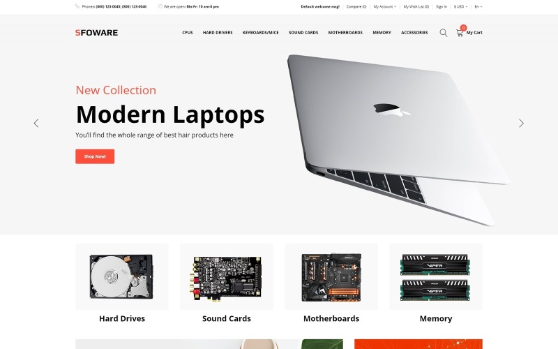 компьютерный магазин многостраничный чистый шаблон opencart