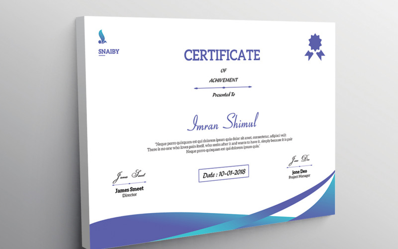 Download Шаблон сертификата "Snaiby  Achivement Certificate Template" / Snaiby  Achivement Certificate Template - Шаблон сертификата на тему графика certificate,achivement,award,academic,appreciation,template,photoshop,professional,clean,minimal,diploma,graduation,editable