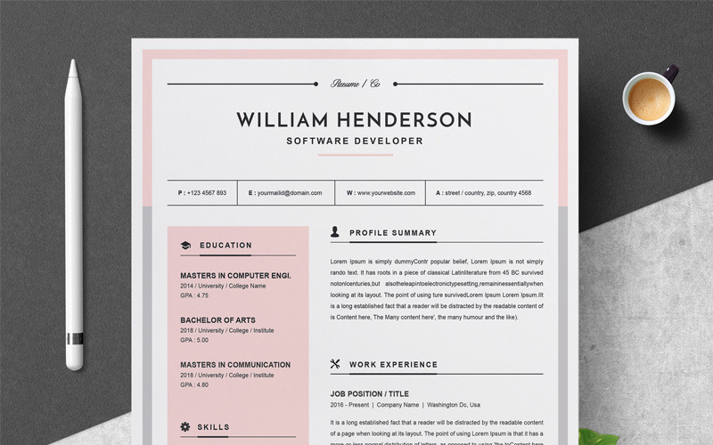 Download Резюме "William Resume Template" / William Resume Template - Резюме на тему графика 1 page resume 2 3 clean cover letter creative curriculum vitae cv template illustrator eps mac pages microsoft word modern