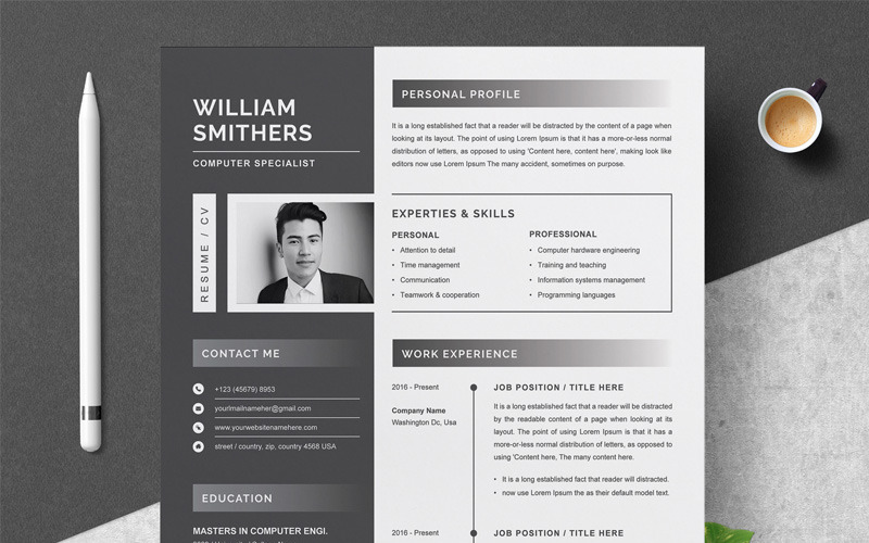 Download Резюме "William Resume Template" / William Resume Template - Резюме на тему графика 1 page resume 2 3 clean cover letter creative curriculum vitae cv template illustrator eps mac pages microsoft word modern