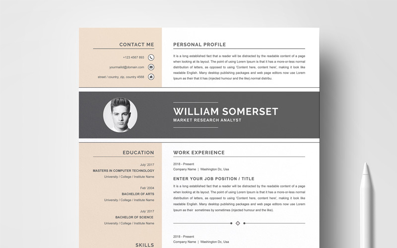 Download Резюме "William Resume Template" / William Resume Template - Резюме на тему графика 1 page resume 2 clean cv cover letter design template illustrator eps mac pages microsoft word modern photoshop psd professional