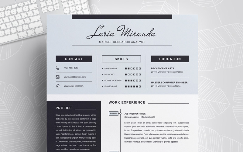 Download Резюме "Laria Resume Template" / Laria Resume Template - Резюме на тему графика 1 page resume 2 clean cv cover letter design template illustrator eps mac pages microsoft word modern photoshop psd professional