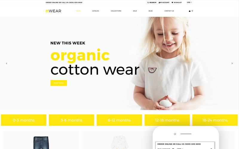 nWear - Gyerekdivat és -ruházat Többoldalas tiszta Shopify téma