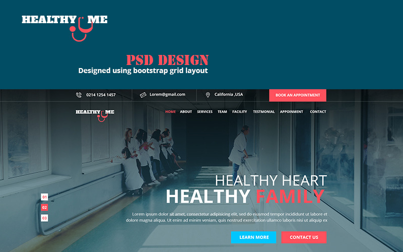 Download PSD шаблон "HealthyMe PSD Template" / HealthyMe PSD Template - PSD шаблон на тему графика hospital doctor healthcare medical medicare treatment surgery therapy surgeon patient clinic appointment nurse medicine medicenter ambulance bootstrap template theme psd