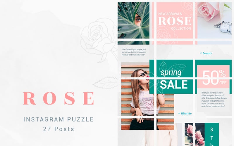Download Шаблон для соцсетей "Instagram Puzzle Template - Rose for Social Media" / Instagram Puzzle Template - Rose for Social Media - Шаблон для соцсетей на тему графика instagram puzzle posts template social media banner grid marketing post blog branding internet shop fashion lifestyle traveling design blogger style