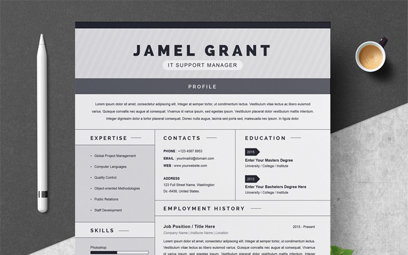 Download Резюме "Jamel Resume Template" / Jamel Resume Template - Резюме на тему графика 1 page cv resume 2 3 apple clean cover letter curriculum vitae template illustrator eps mac pages microsoft word minimal