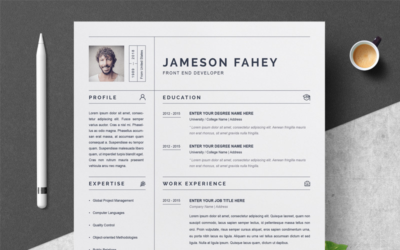 Download Резюме "Jameson Resume Template" / Jameson Resume Template - Резюме на тему графика 1 page cv resume 2 3 apple clean cover letter curriculum vitae template illustrator eps mac pages microsoft word minimal