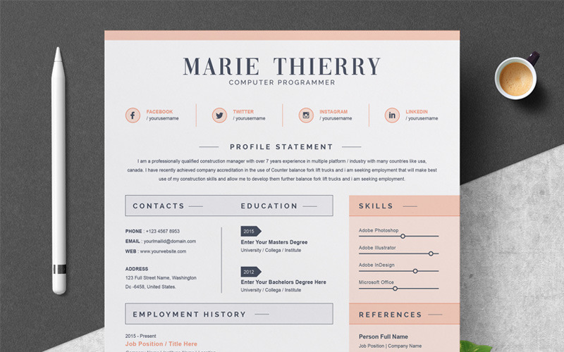 Download Резюме "Marie Resume Template" / Marie Resume Template - Резюме на тему графика 1 page cv resume 2 3 apple clean cover letter curriculum vitae template illustrator eps mac pages microsoft word minimal