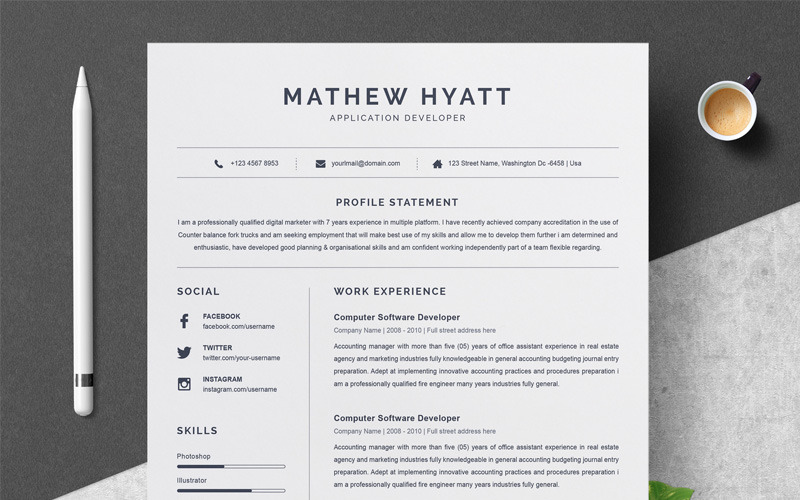 Download Резюме "Mathew Resume Template" / Mathew Resume Template - Резюме на тему графика 1 page cv resume 2 3 apple clean cover letter curriculum vitae template illustrator eps mac pages microsoft word minimal