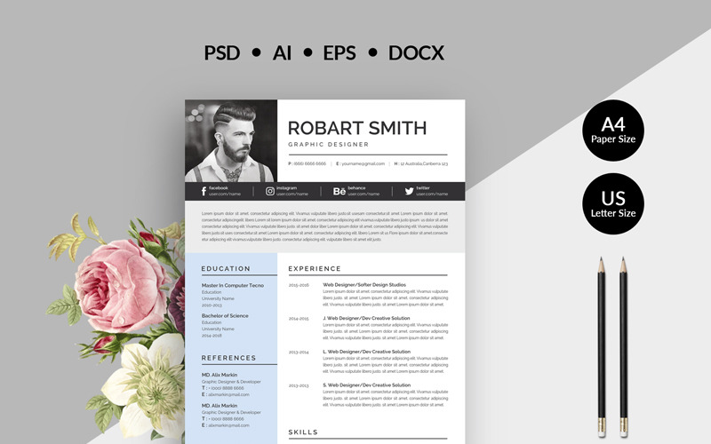 Download Резюме "Robart Professional & Modern Resume Template" / Robart Professional & Modern Resume Template - Резюме на тему графика resume cv clean creative word infographic modern professional student mac pages manager template bankers doctors job seekers