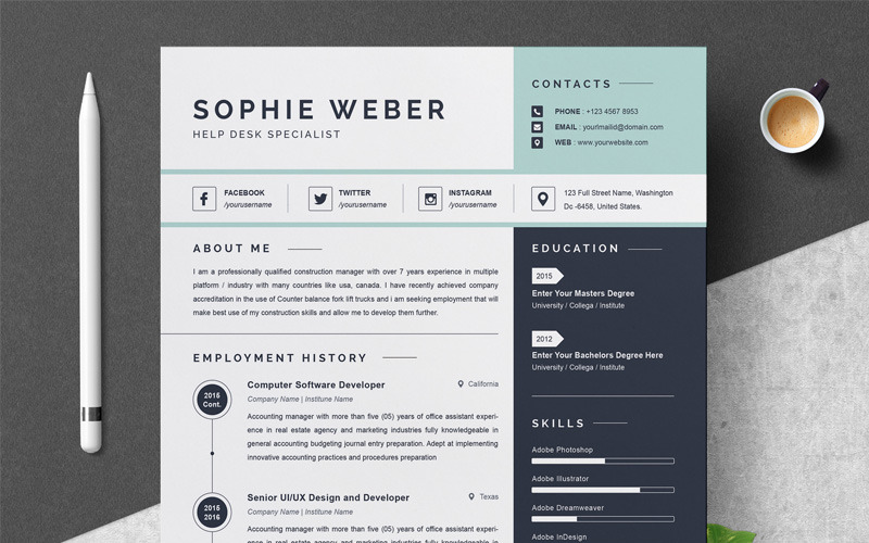 Download Резюме "Sophie Resume Template" / Sophie Resume Template - Резюме на тему графика 1 page cv resume 2 3 apple clean cover letter curriculum vitae template illustrator eps mac pages microsoft word minimal