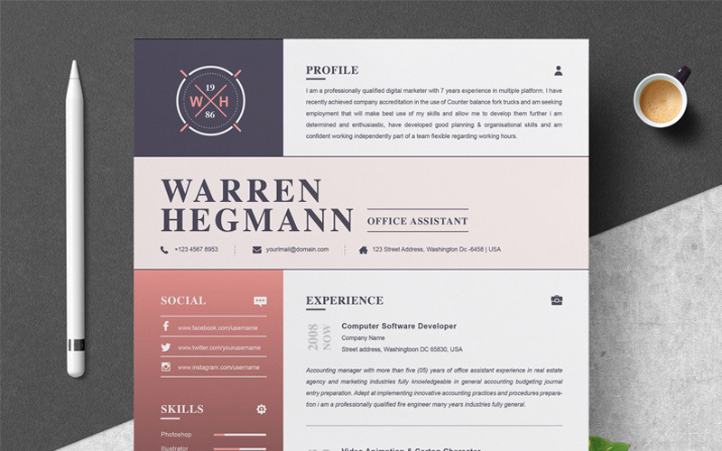 Download Резюме "Warren Resume Template" / Warren Resume Template - Резюме на тему графика 1 page cv resume 2 3 apple clean cover letter curriculum vitae template illustrator eps mac pages microsoft word minimal