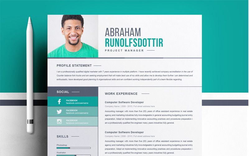 Download Резюме "Abraham Resume Template" / Abraham Resume Template - Резюме на тему графика 1 page cv resume 2 3 apple clean cover letter curriculum vitae template illustrator eps mac pages microsoft word minimal