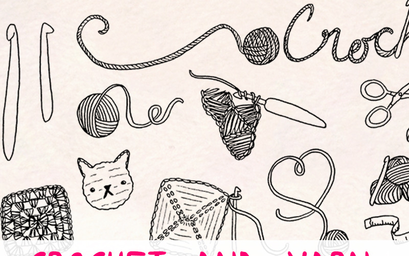 Download Иллюстрация "33 Crochet and Yarn Themed - Illustration" / 33 Crochet and Yarn Themed - Illustration - Иллюстрация на тему графика graphics blog illustration vector commercial use hand drawn line art crochet yarn granny square hank ball of hook