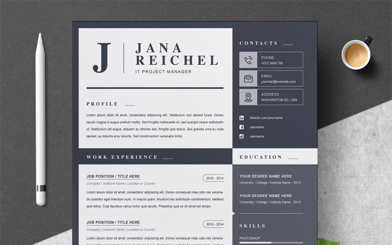 Download Резюме "Jana Resume Template" / Jana Resume Template - Резюме на тему графика 1 page cv resume 2 3 apple clean cover letter curriculum vitae template illustrator eps mac pages microsoft word minimal