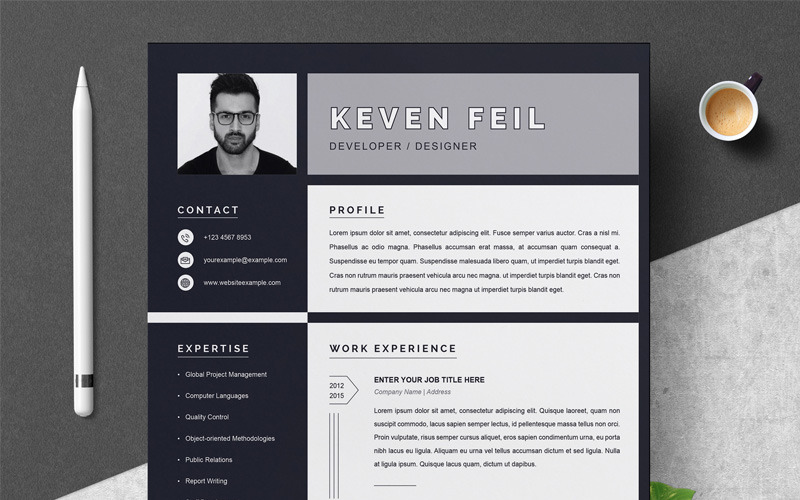 Download Резюме "Keven Resume Template" / Keven Resume Template - Резюме на тему графика 1 page cv resume 2 3 apple clean cover letter curriculum vitae template illustrator eps mac pages microsoft word minimal