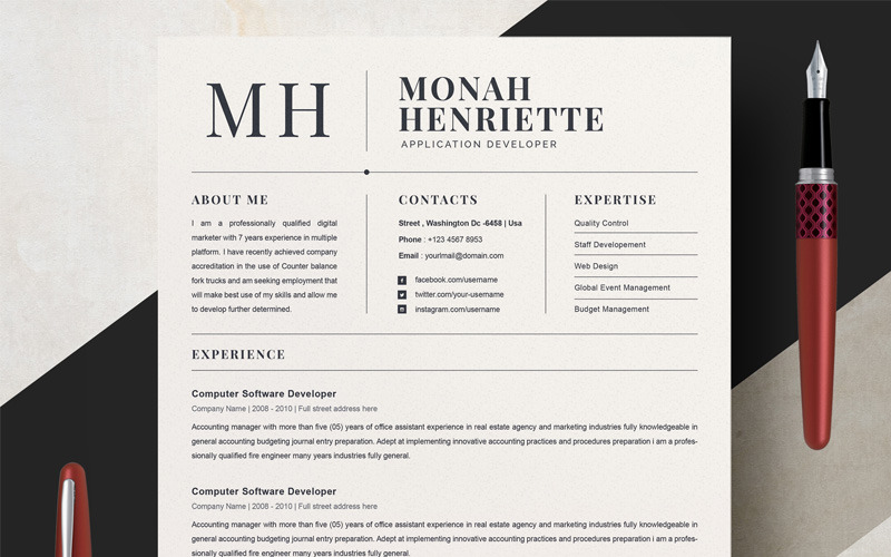 Download Резюме "Monha Resume Template" / Monha Resume Template - Резюме на тему графика 1 page cv resume 2 3 apple clean cover letter curriculum vitae template illustrator eps mac pages microsoft word minimal