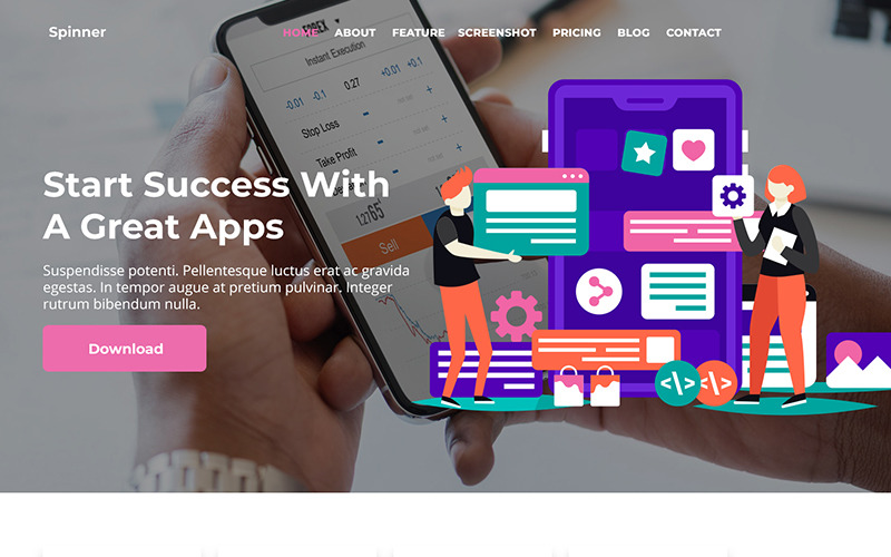 Download PSD шаблон "Spinner - App Landing PSD Template" / Spinner - App Landing PSD Template - Адаптивный PSD шаблон на тему веб-разработка app landing designer developer freelancer bootstrap responsive mobile ux ui
