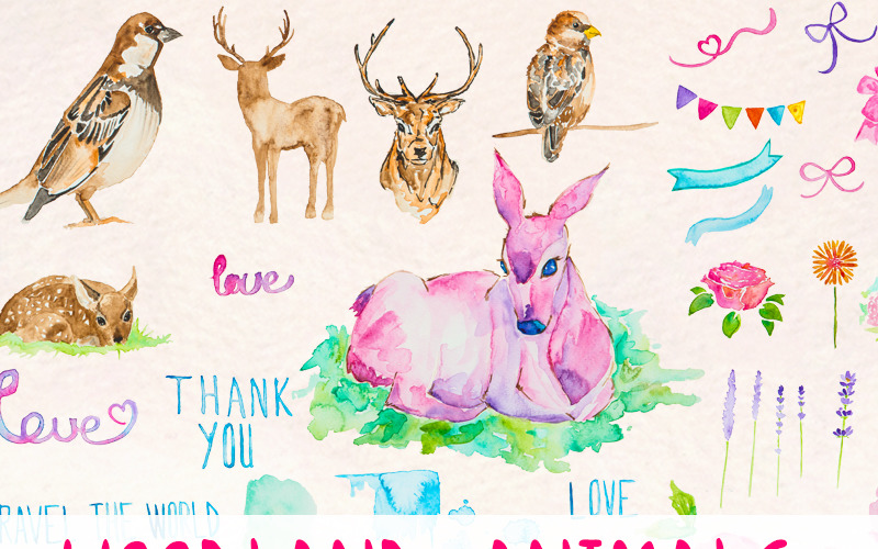 Download Иллюстрация "Graphics - Illustration" / Graphics - Illustration - Иллюстрация на тему графика watercolour watercolor painting blog graphics country style clip art commercial use deer woodland sparrows floral flowers