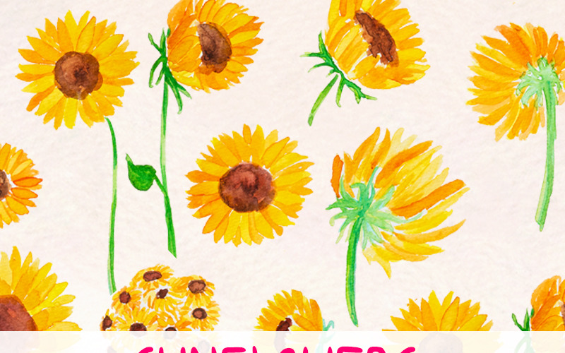 Download Иллюстрация "34 Happy Yellow Sunflowers - Illustration" / 34 Happy Yellow Sunflowers - Illustration - Иллюстрация на тему графика watercolour watercolor painting blog graphics clip art commercial use sunflower sunflowers yellow happy flowers summer