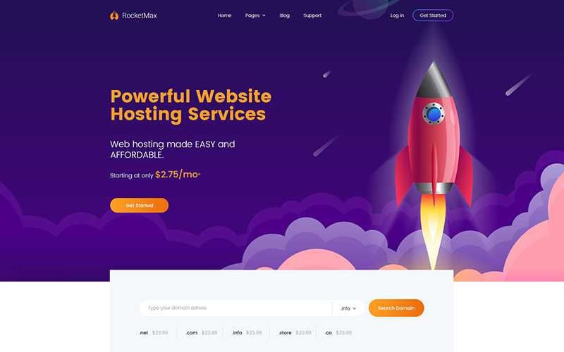 Rocketmax - Modello di sito Web del servizio di hosting Web reattivo