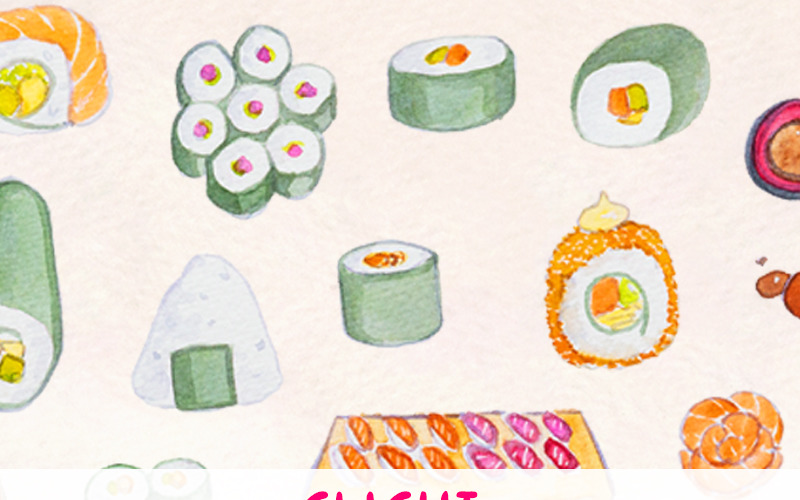 Download Иллюстрация "50 Sushi and Sushimi - Illustration" / 50 Sushi and Sushimi - Illustration - Иллюстрация на тему графика watercolour watercolor painting blog graphics clip art commercial use sushi train sashimi restaurant food delicious