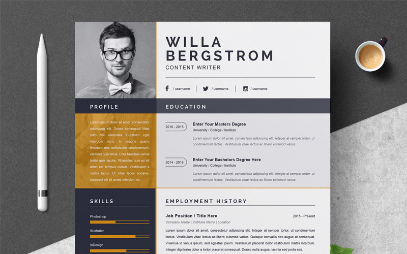 Download Резюме "Willa Resume Template" / Willa Resume Template - Резюме на тему графика 1 page cv resume 2 3 apple clean cover letter curriculum vitae template illustrator eps mac pages microsoft word minimal