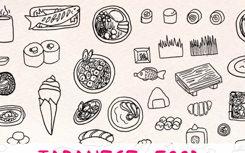 Download Иллюстрация "93 Delicious Japanese Food - Illustration" / 93 Delicious Japanese Food - Illustration - Иллюстрация на тему графика japanese food yummy take away out clipart graphics transparent black outlines sketches drawings ai png