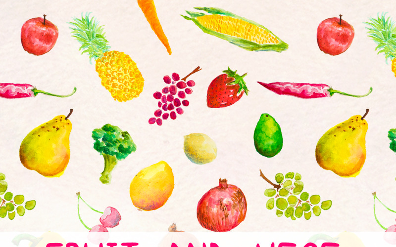46 Frutas e vegetais pintados à mão - ilustração