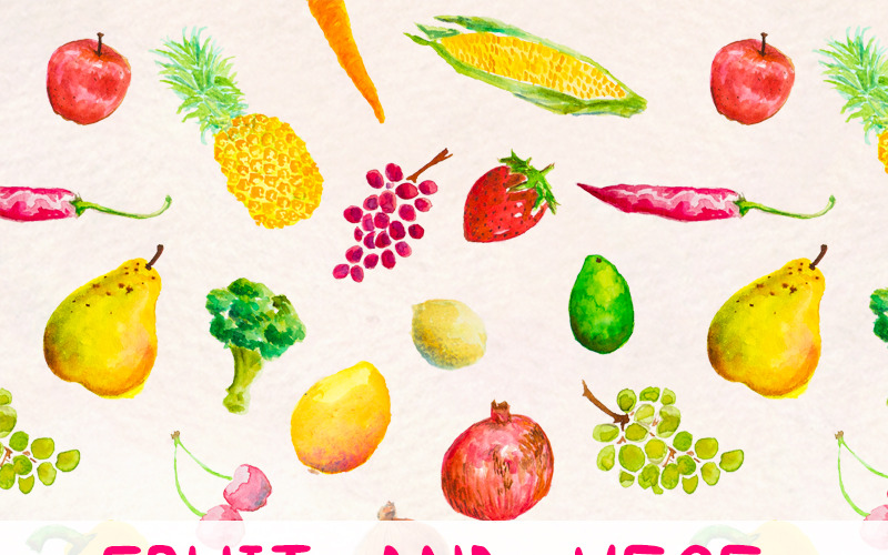46 handgeschilderde groenten en fruit - illustratie