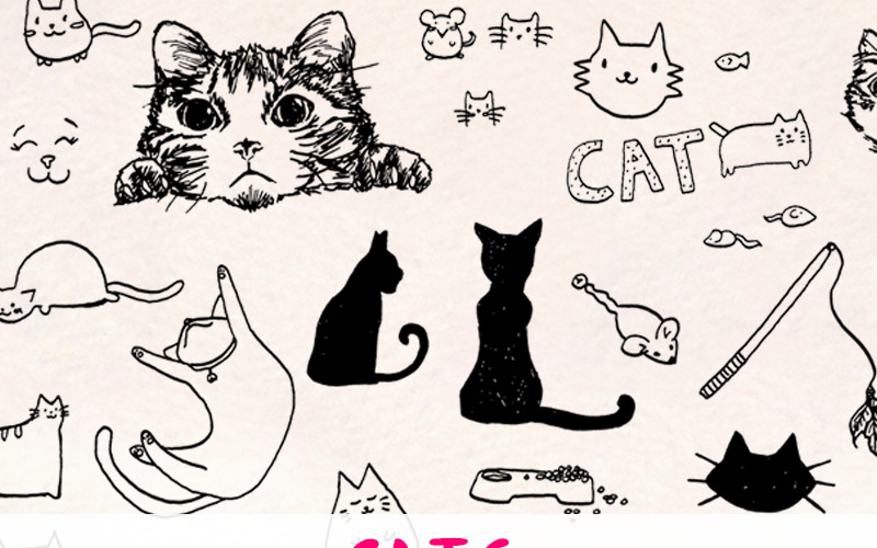 Download Иллюстрация "60 Kitty Cat Elements - Illustration" / 60 Kitty Cat Elements - Illustration - Иллюстрация на тему графика graphics blog illustration vector commercial use hand drawn website etsy seller shop cat clip art kitty digital