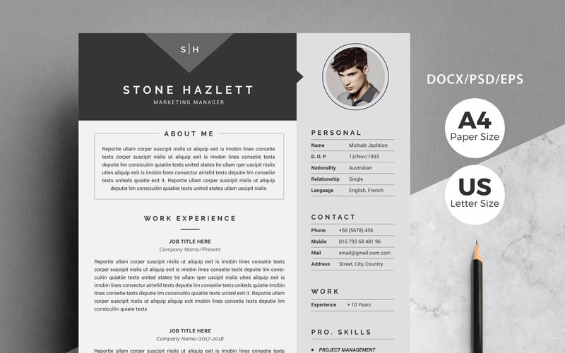 Download Резюме "Modern Resume-Stone Hazlett Resume Template" / Modern Resume-Stone Hazlett Resume Template - Резюме на тему графика resume,cv,template,clean,creative,modern,word,psd,photoshop