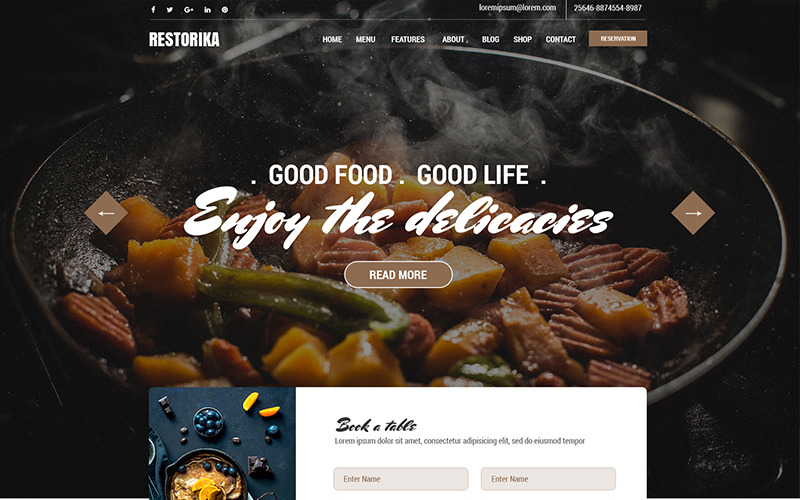 Download PSD шаблон "RESTORIKA- Restaurant PSD Template" / RESTORIKA- Restaurant PSD Template - PSD шаблон на тему кафе и ресторан food foodies restaurant cafe dish meal wine tasty recipe cocktail dinner reservation cuisine waiter specials veg psd photoshop lunch