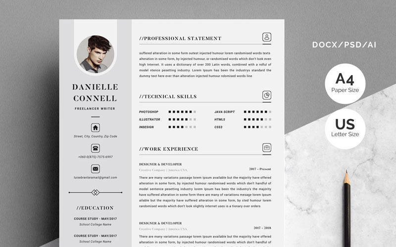 Download Резюме "Danielle Connell - 4 Pages Resume Template" / Danielle Connell - 4 Pages Resume Template - Резюме на тему графика resume,cv,template,clean,creative,modern,designer,developer,word,psd,photoshop,coverletter,contract,mac