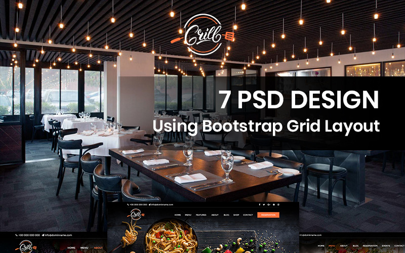 Download PSD шаблон "Grill - Restaurant PSD Template" / Grill - Restaurant PSD Template - PSD шаблон на тему еда и ресторан food foodies restaurant cafe dish meal wine tasty recipe cocktail dinner reservation cuisine waiter special veg psd photoshop theme template