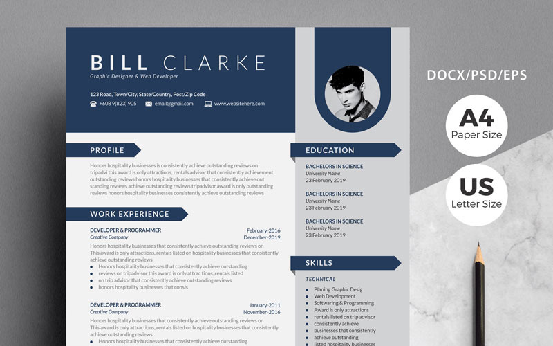 Download Резюме "Word Resume-Bill Clarke Resume Template" / Word Resume-Bill Clarke Resume Template - Резюме на тему графика resume,cv,template,clean,creative,modern,simple,sharp,elegant,coverletter,word,photoahop,a4,us,contract,pages,mac,stationery,designer,developer