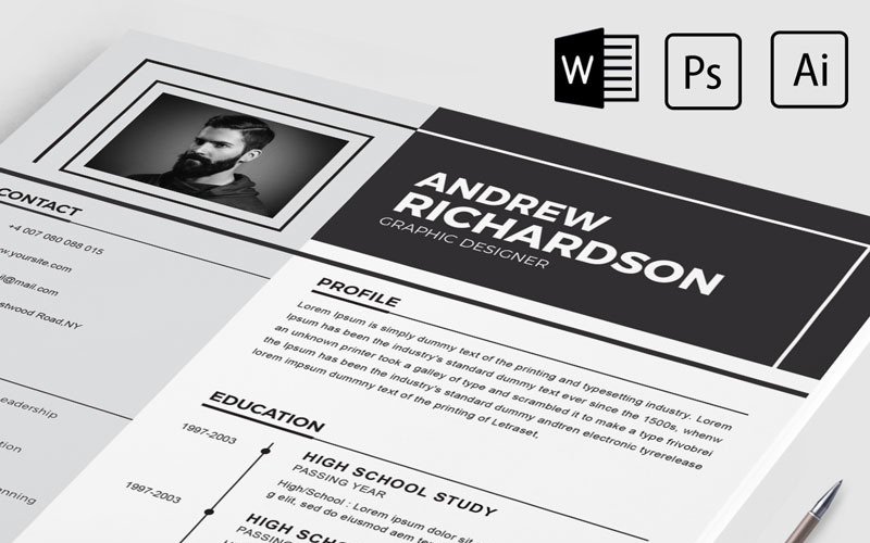 Download Резюме "Andrew Richardson Resume Template" / Andrew Richardson Resume Template - Резюме на тему графика 2 page a4 clean cv design elegant resume female feminine infographic letter minimalist modern portfolio professional indesign minimal pages