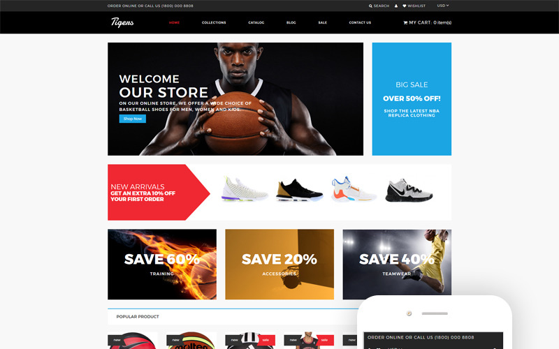 Тигры - современная тема Shopify для баскетбольного магазина