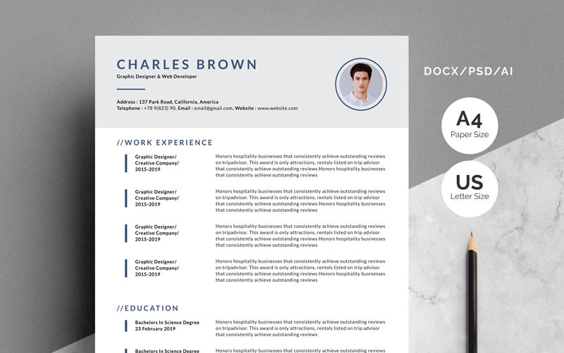 Download Резюме "Charles Brown Resume Template" / Charles Brown Resume Template - Резюме на тему графика resume,cv,template,clean,professional,creative,minimalist,modern,word,psd,docx,photoshop,a4,us,letter,cover